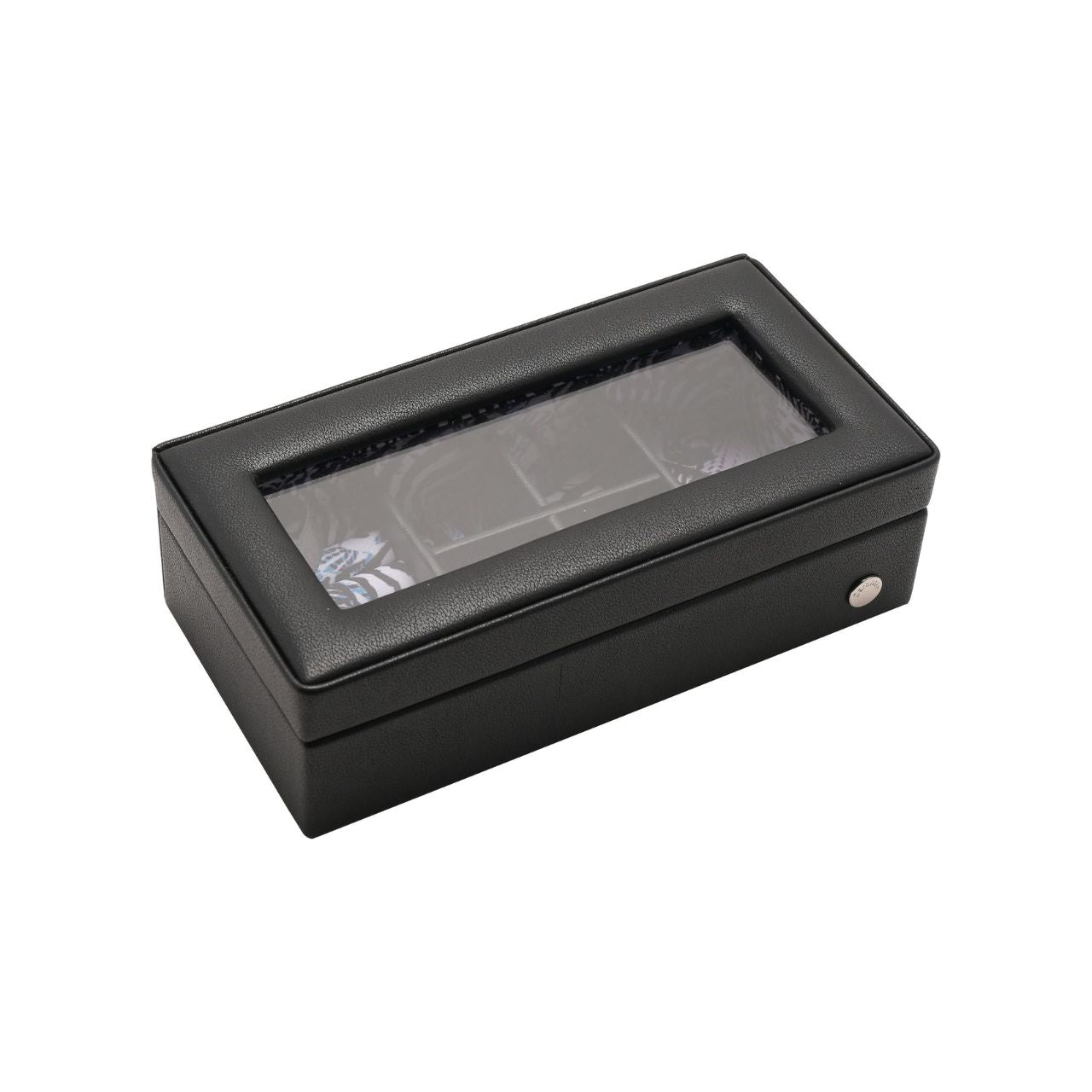 The eye-catching case is made from black faux (vegan) leather, opening to reveal a beautifully decorated storage area with tailor-made compartments for displaying rings, earrings and other jewellery pieces. It is finished with a convenient mirror, within its hinged lid.