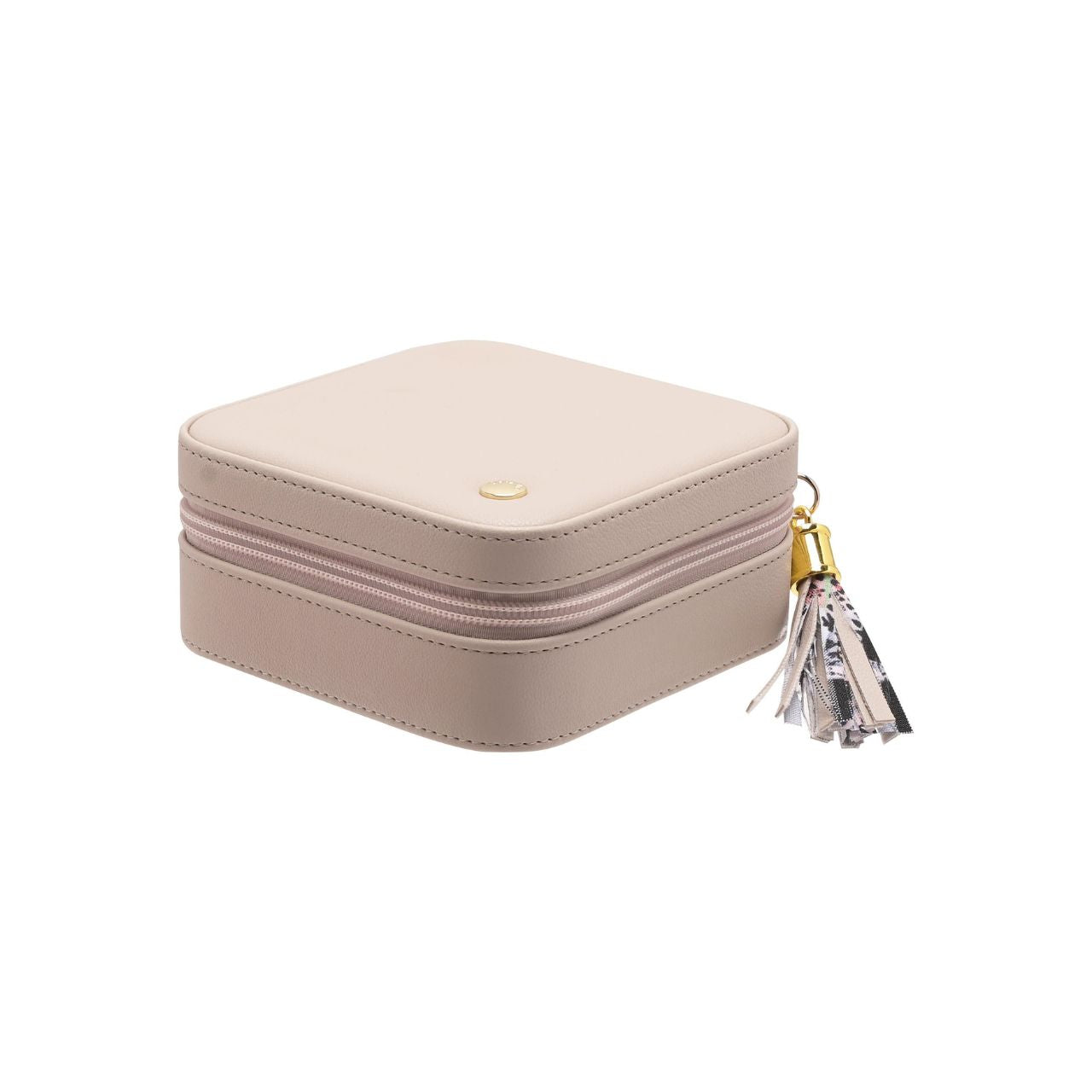 This striking jewellery case features a soft velvet interior with statement 'catchmere' panther print and matt cream, faux leather exterior.