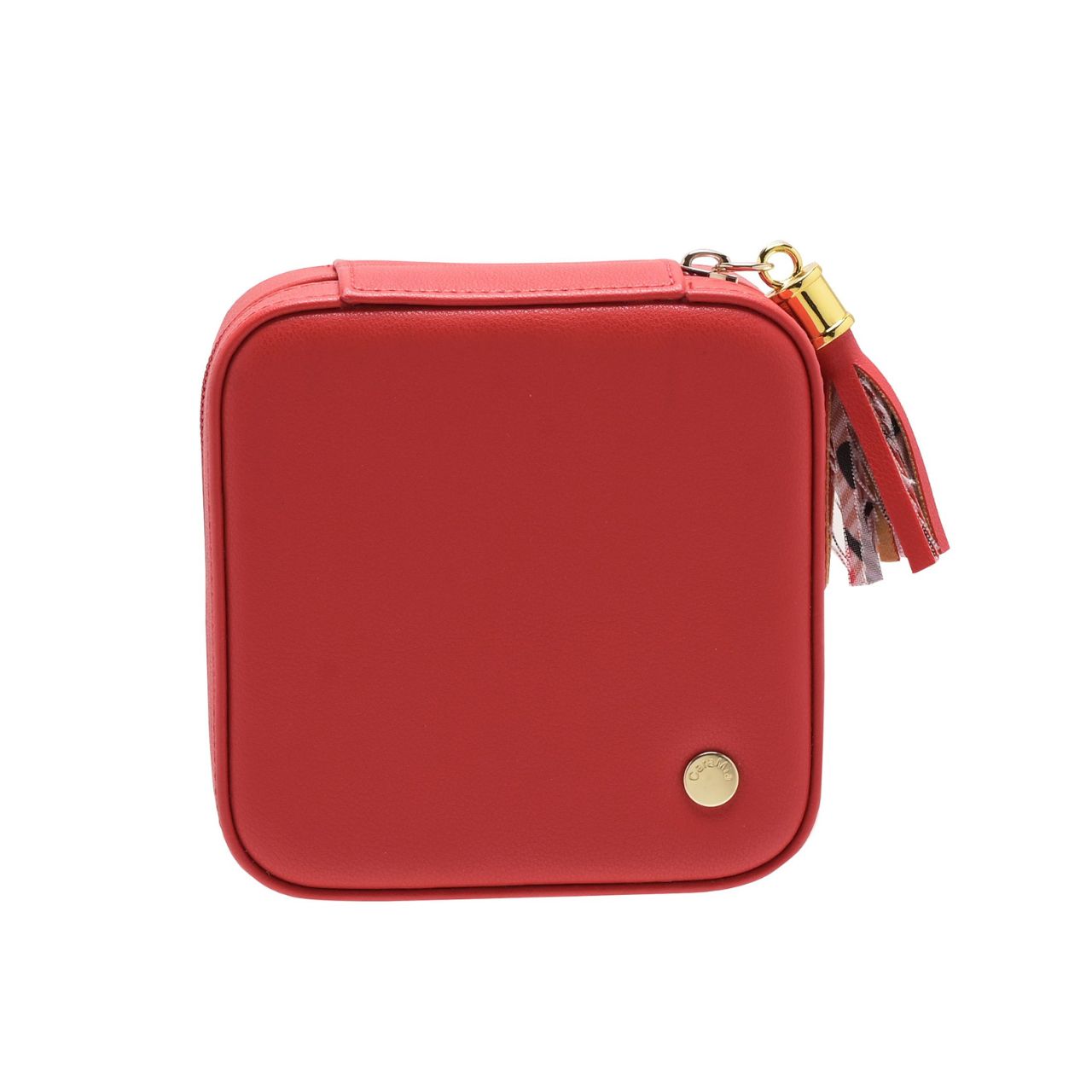 This striking jewellery case features a soft velvet interior with statement 'catwalk' print and matt red, faux leather exterior.