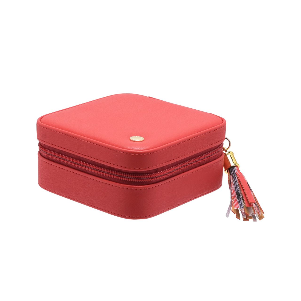 This striking jewellery case features a soft velvet interior with statement 'catwalk' print and matt red, faux leather exterior.