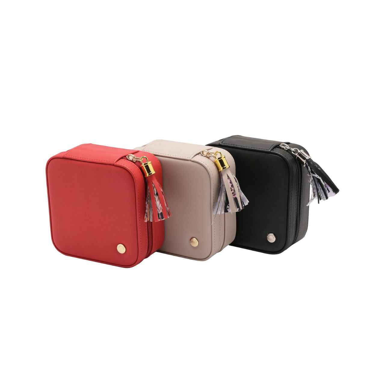 This striking jewellery case features a soft velvet interior with statement 'catwalk' print and matt red, faux leather exterior.