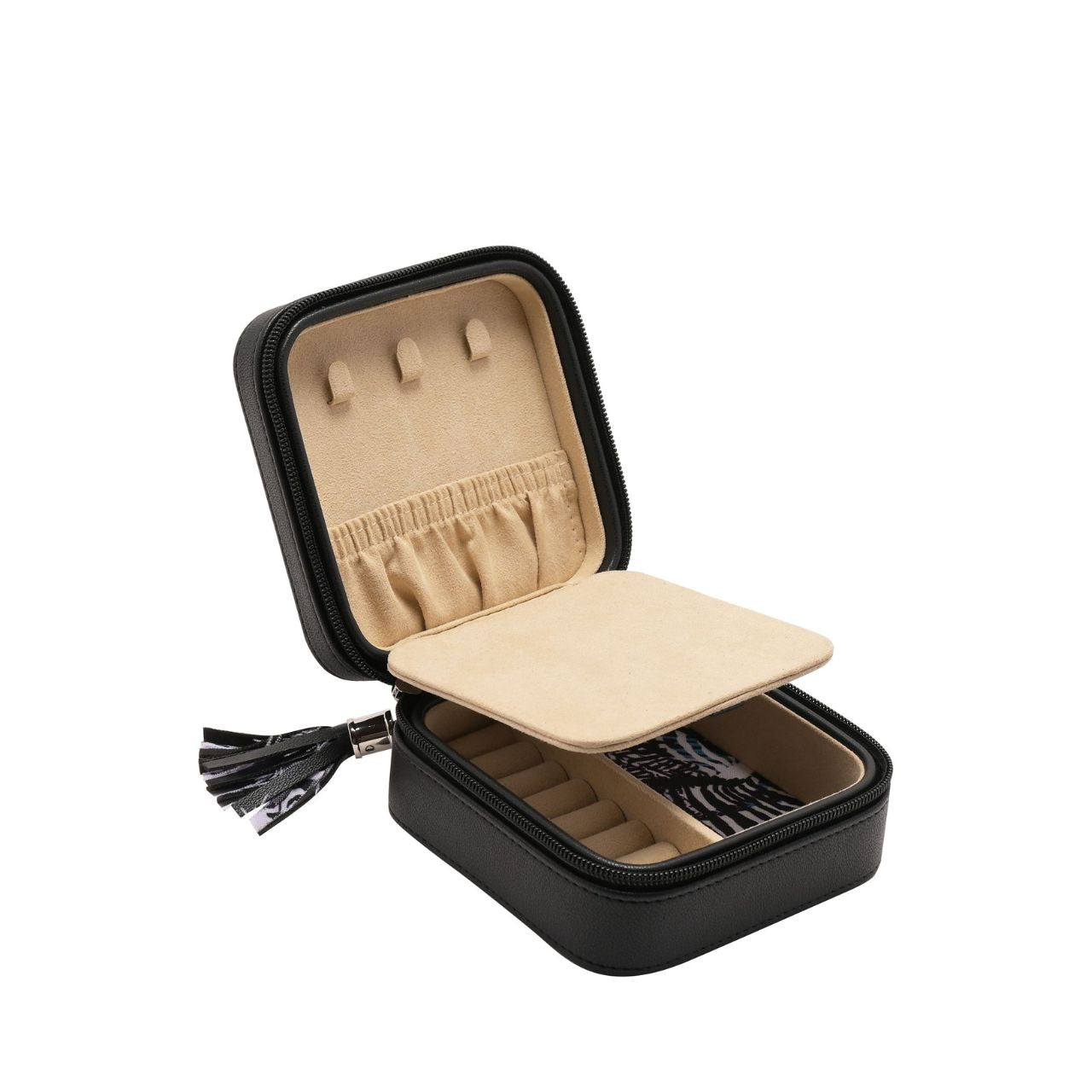 This striking jewellery case features a soft velvet interior with statement 'Zebracrossing' print and matt black, faux leather exterior.