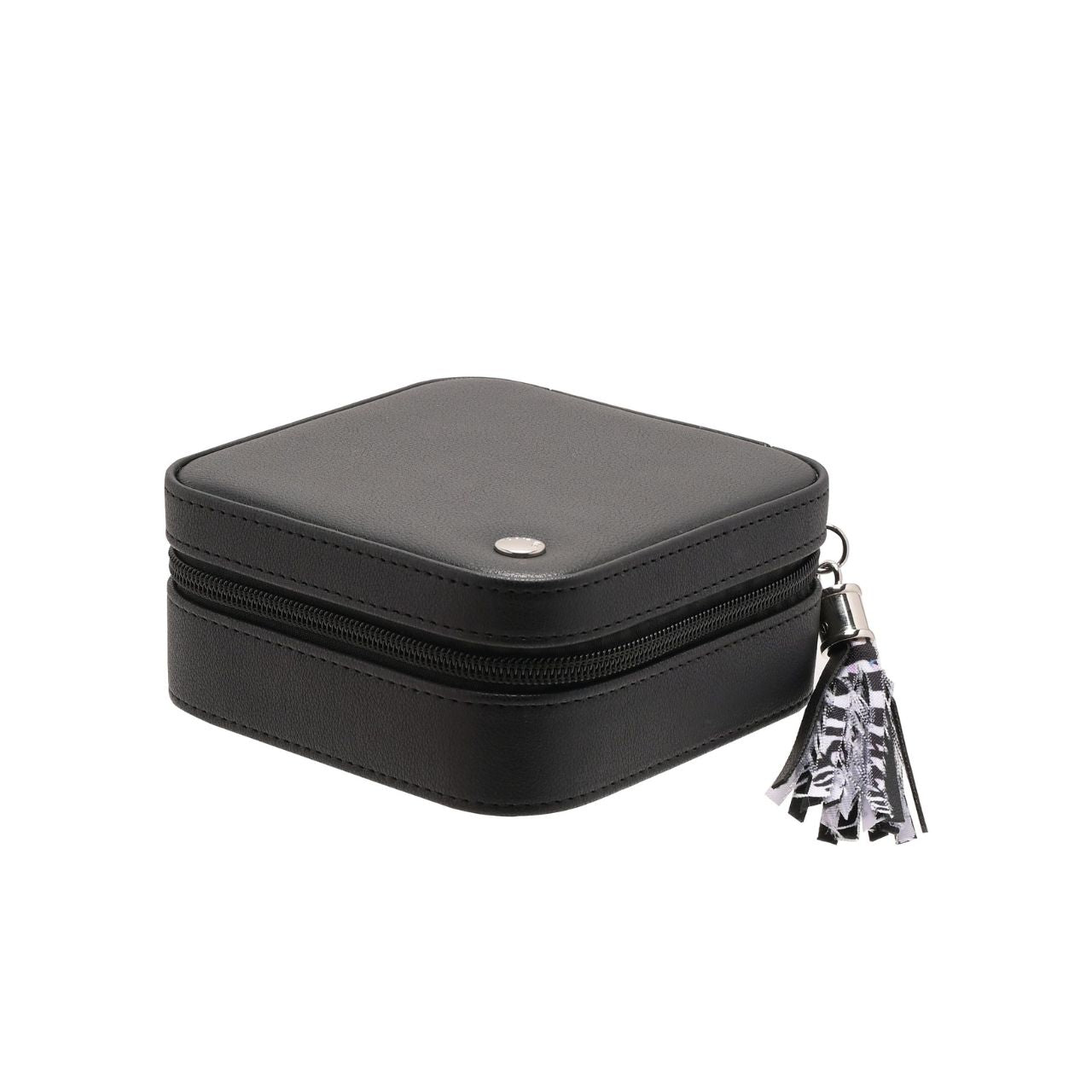 This striking jewellery case features a soft velvet interior with statement 'Zebracrossing' print and matt black, faux leather exterior.