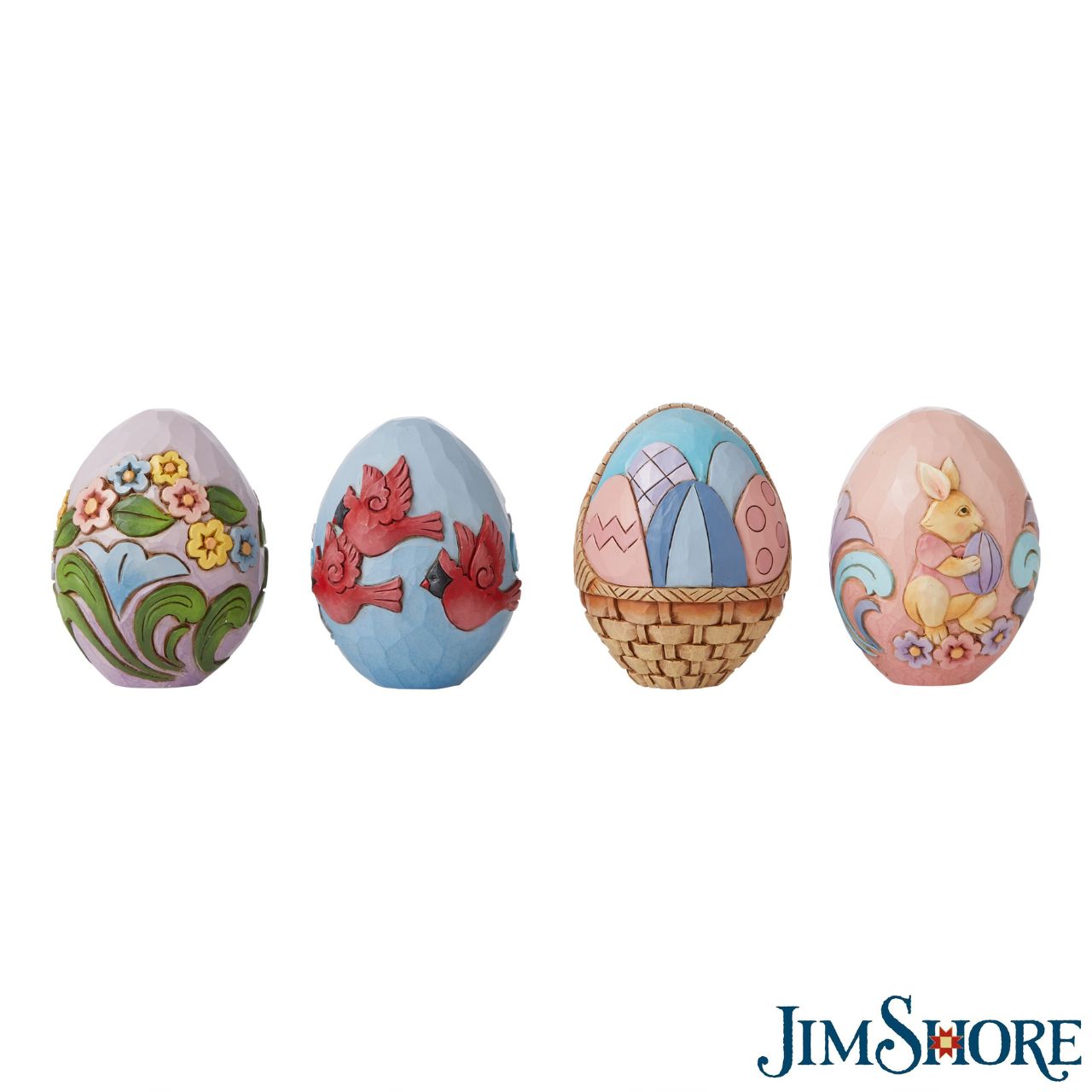 "Easter Cheer Found Here" Jim Shore 17th Annual Easter Basket Jim Shore's 17th annual Easter Basket is his best yet| Beautifully hand-crafted in delicate detail, this design features bunnies and chicks in their Sunday best filling their basket full of Easter eggs. Includes 4 hand-painted sculpted eggs.