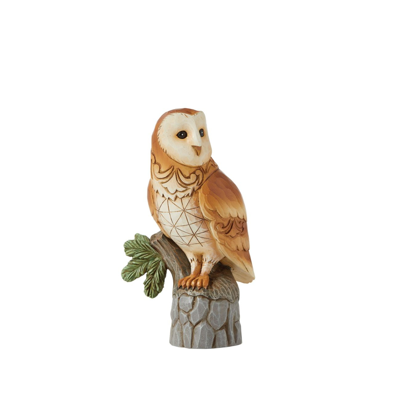 The stunning Barn Owl has a stark white heart-shaped face and matching plumage. With a magnificent wingspan, they are totally silent while in flight. Take the magic of this stunning creature home with this striking figurine miniature by Jim Shore.