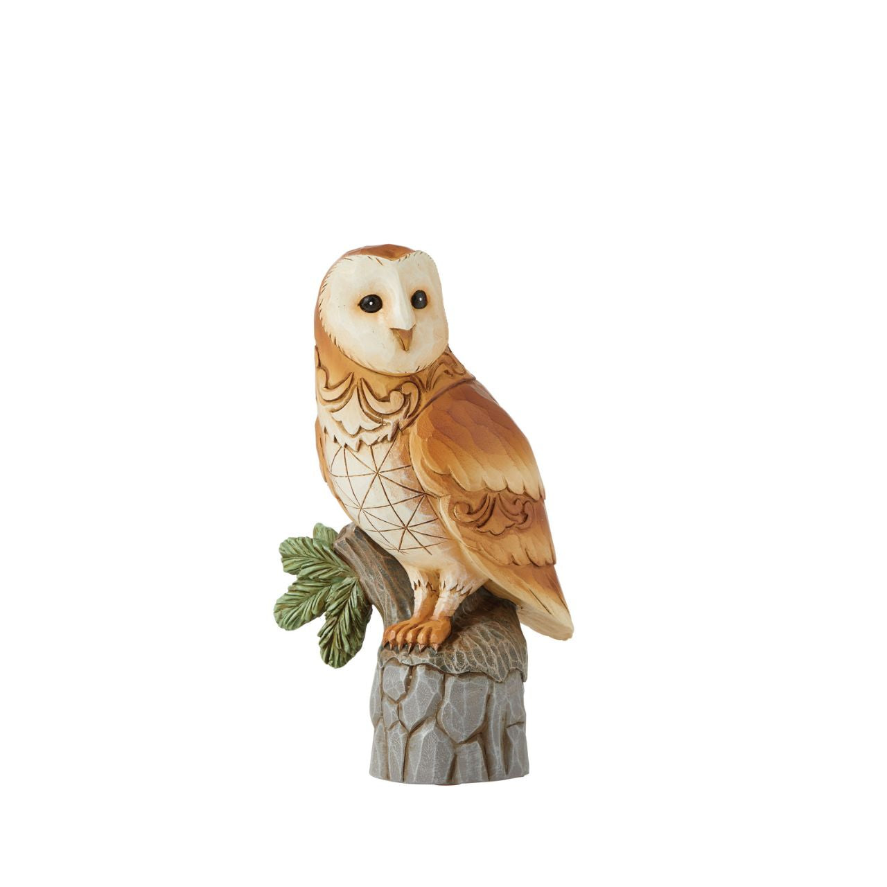 The stunning Barn Owl has a stark white heart-shaped face and matching plumage. With a magnificent wingspan, they are totally silent while in flight. Take the magic of this stunning creature home with this striking figurine miniature by Jim Shore.