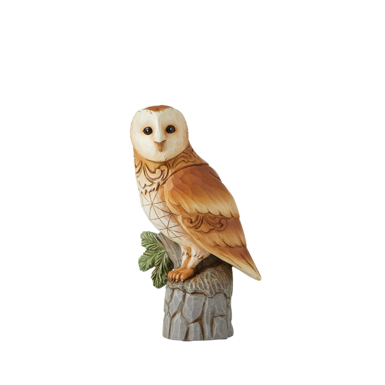 The stunning Barn Owl has a stark white heart-shaped face and matching plumage. With a magnificent wingspan, they are totally silent while in flight. Take the magic of this stunning creature home with this striking figurine miniature by Jim Shore.