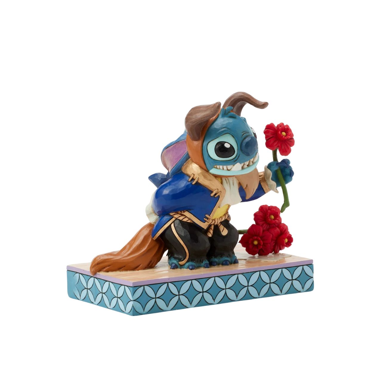 In this charming Jim Shore design, Stitch takes on the role of the Beast from Disney's beloved tale, dressed in the iconic blue suit. With an adorable smile, Stitch presents a flower, to you the collector.