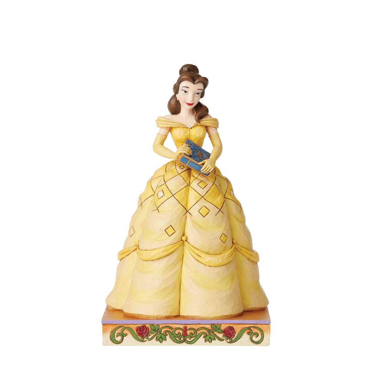 Disney Traditions Book-Smart Beauty Belle Princess Passion Belle always has her nose in a book, filling her imagination with adventure. The book-smart beauty begins her own timeless tale when she meets the Beast. In this lovely Jim Shore design, Belle wears her classic yellow gown and holds a book in her hands.
