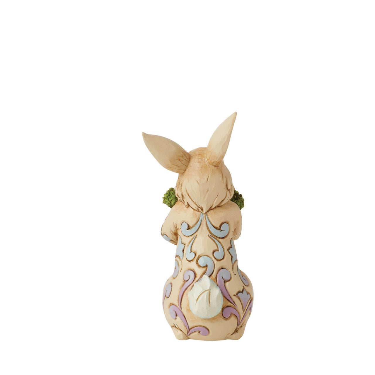 With an arm full of carrots, this cheerful Pint bunny is ready for Easter| Colourful blue and purple rosemaling on his fur, this fluffy Jim Shore rabbit figurine is a delightful edition to your Springtime home décor.