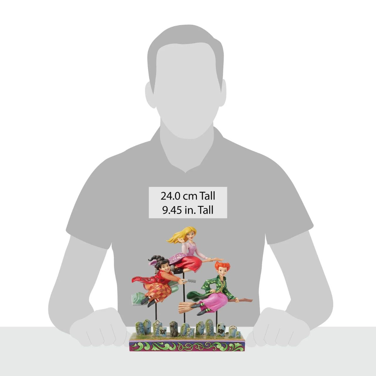 In this spellbinding Jim Shore design, the Sanderson Sisters soar on their broomsticks high above a moonlit Salem, Massachusetts. Each sister wears her iconic gown, with an expression perfectly capturing their distinct and hilarious personalities.