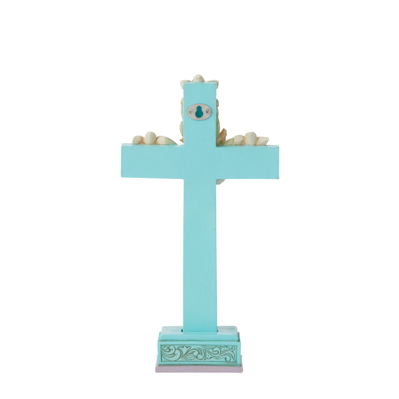 Cross with Lilies and Dove Figurine by Jim Shore Brandished in Easter lilies, this cool blue and purple Jim Shore cross hosts intertwining vines of promise and serenity. A beautiful white dove sits in the centre of the crucifix, symbolizing the peace and promise of new life delivered by Jesus' resurrection.