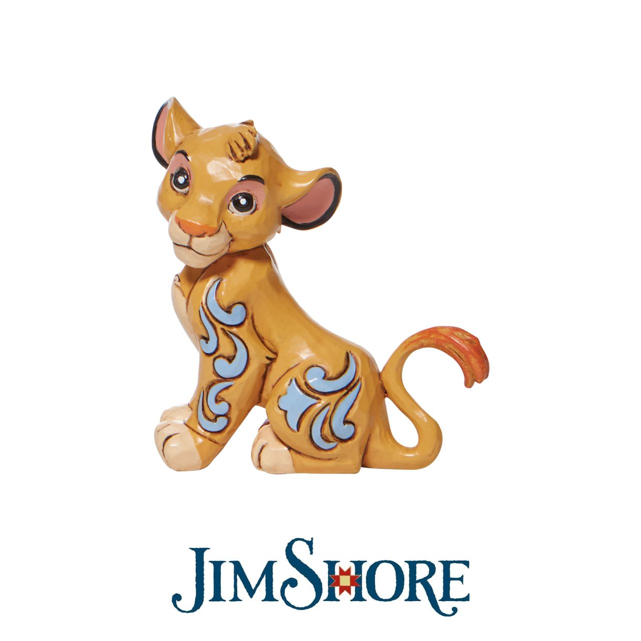 Jim Shore Disney Simba Mini Figurine Simba, the cub to be king, boasts an adorable expression in this Jim Shore statuette. With folksy patterns down his side, he's a vision of playfulness and charm. Looking more like a house cat than a lion, he's the perfect addition to your home. Hand painted and hand sculpted high quality cast stone. Packaged in a branded giftbox.