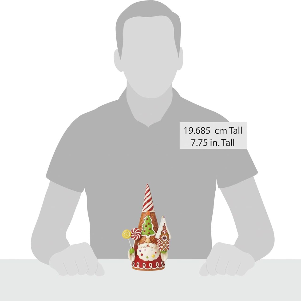 Add some candy to your Christmas with this festive gingerbread gnome from Jim Shore! Wearing a waffle cone hat, he holds peppermint lollipops and a gingerbread house. With sprinkles in his beard, he celebrates the sweetness of the season.