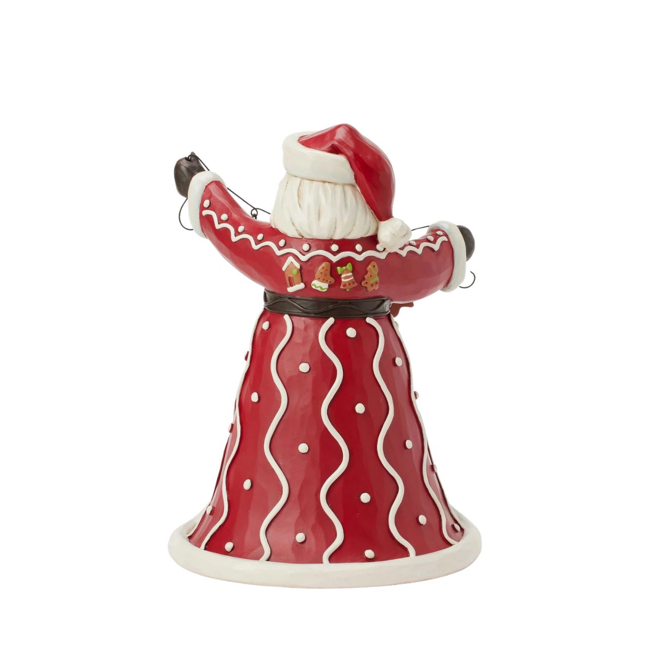 Santa brings the Gingerbread Christmas holiday spirit in this Jim Shore design, holding a string of decorated Christmas cookies. What a joyful smile, Santa presents with his festive garland, while his cloak features a scene of colourful cookies with icing decorations.
