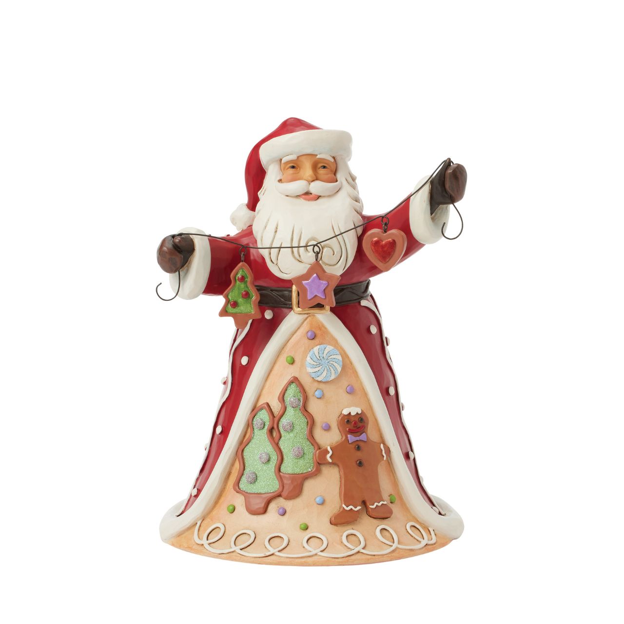 Santa brings the Gingerbread Christmas holiday spirit in this Jim Shore design, holding a string of decorated Christmas cookies. What a joyful smile, Santa presents with his festive garland, while his cloak features a scene of colourful cookies with icing decorations.