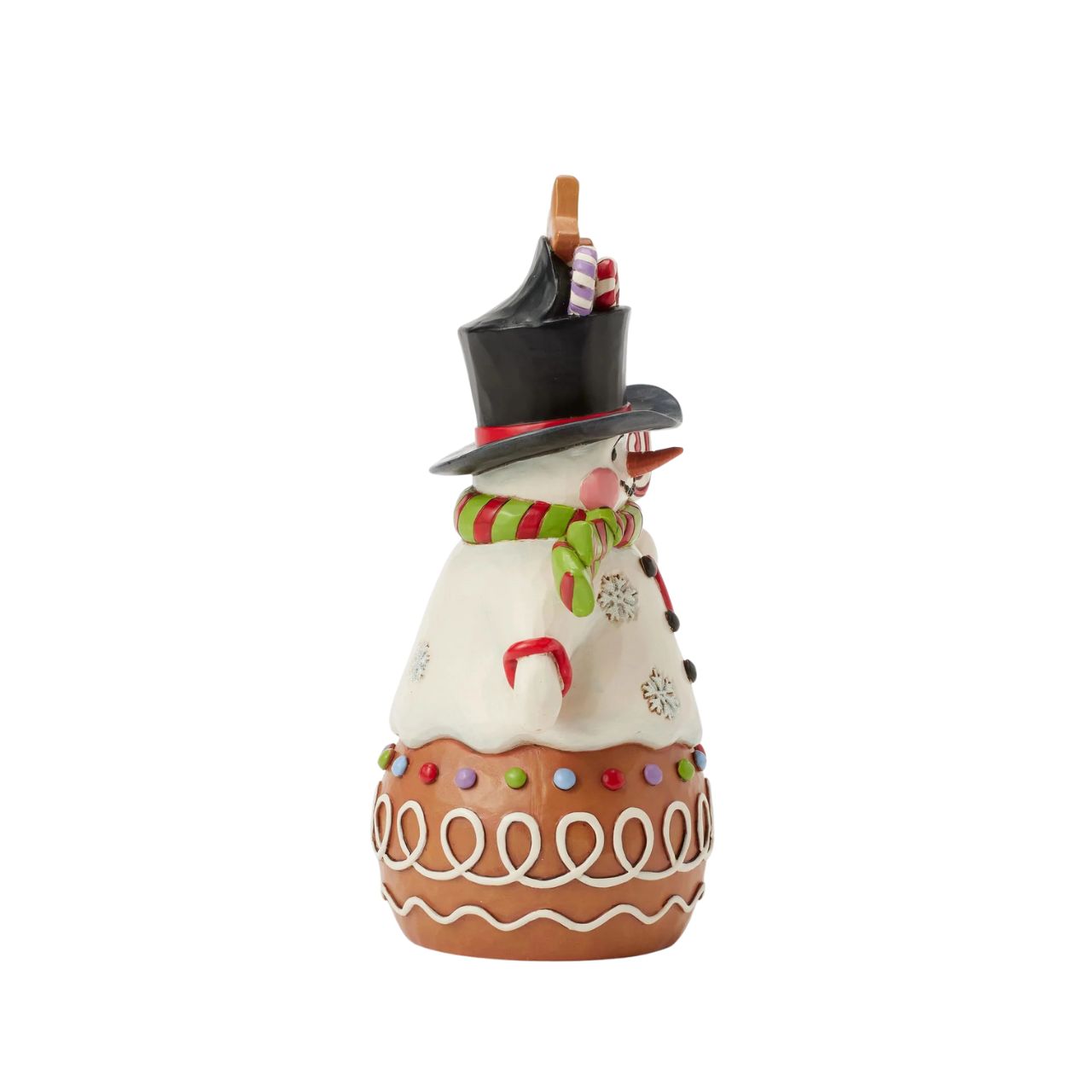 This charming Jim Shore Gingerbread Christmas snowman is too sweet to resist, with icing and candy details decorating his deliciously festive form. Smiling warmly beneath a top hat brimming with sweets, this piece adds a playful touch to your holiday decorations.