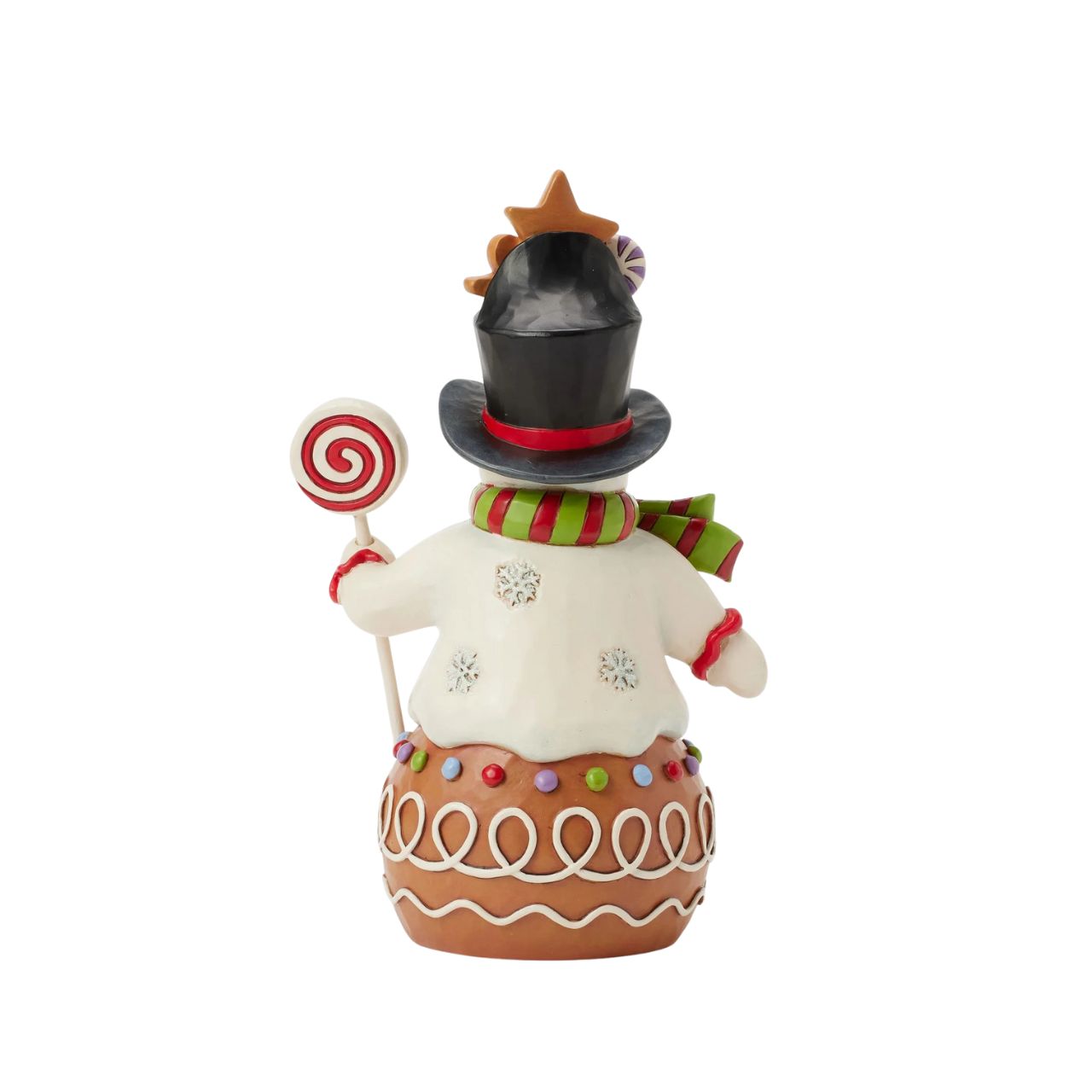 This charming Jim Shore Gingerbread Christmas snowman is too sweet to resist, with icing and candy details decorating his deliciously festive form. Smiling warmly beneath a top hat brimming with sweets, this piece adds a playful touch to your holiday decorations.