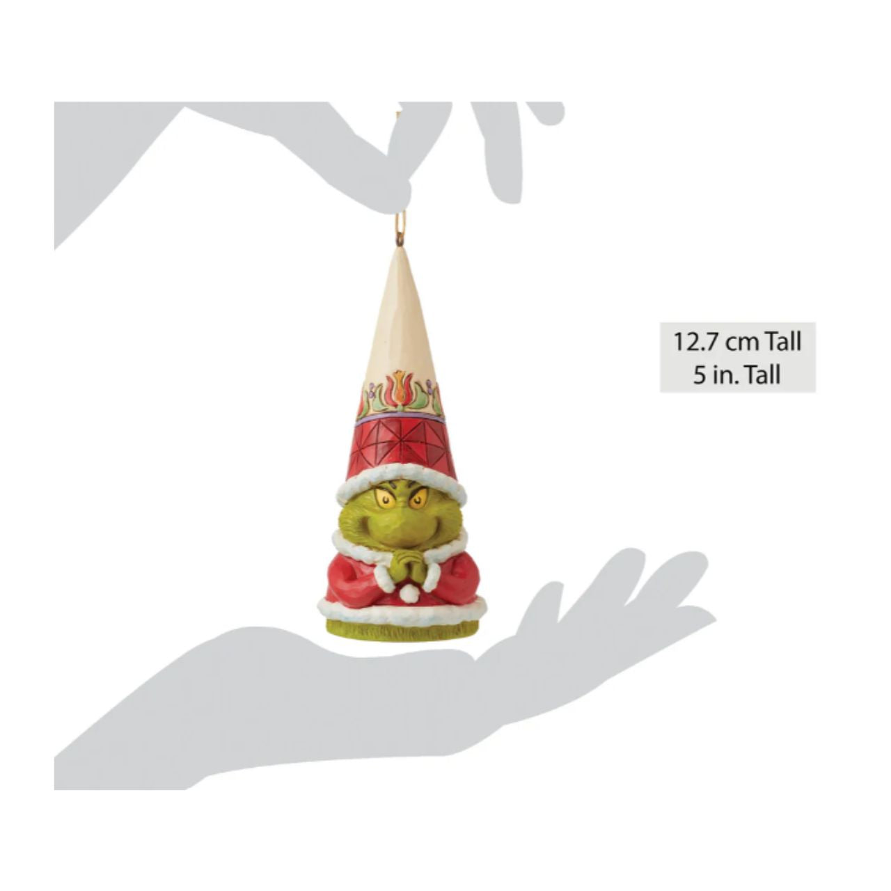 Known for his gnomes, Jim Shore presents his newest garden guardian crafted with Dr. Seuss flair. Wearing a flower adorned Santa hat, this Grinch ornament folds his hands mischievously as he plots to steal all the presents under the tree.