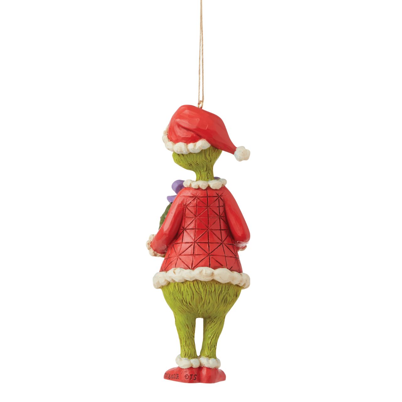 Grinch with Wreath Hanging Ornament  A perfect addition to any Christmas tree, this intricate Jim Shore bauble features The Grinch dressed as Santa. Holding a wreath between his conniving claws, his smile is closer to a sneer as he plots his next theft from your tree.