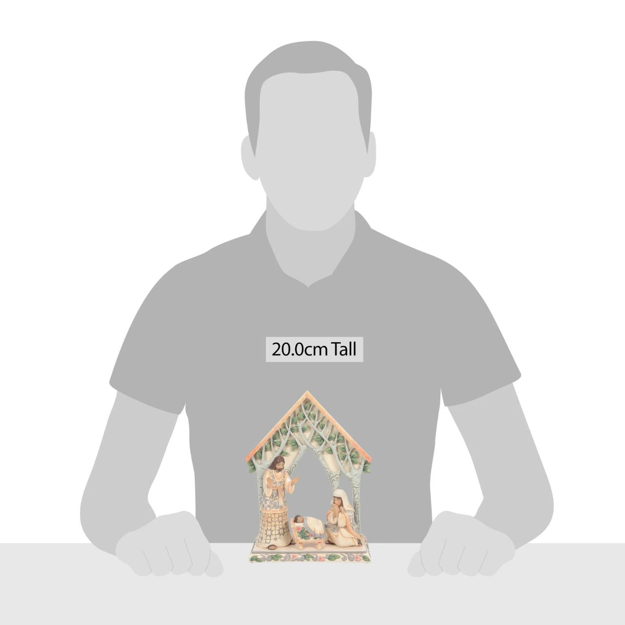 White Woodland Holy Family with Creche Figuring by Jim Shore This White Woodland themed nativity 4 Pc set features the holy family in enchanting natural fashion. Under a creche made of birch wood trees, new parents Mary and Joseph cooing over baby Jesus in ornate white robes featuring stylish Jim Shore designs.