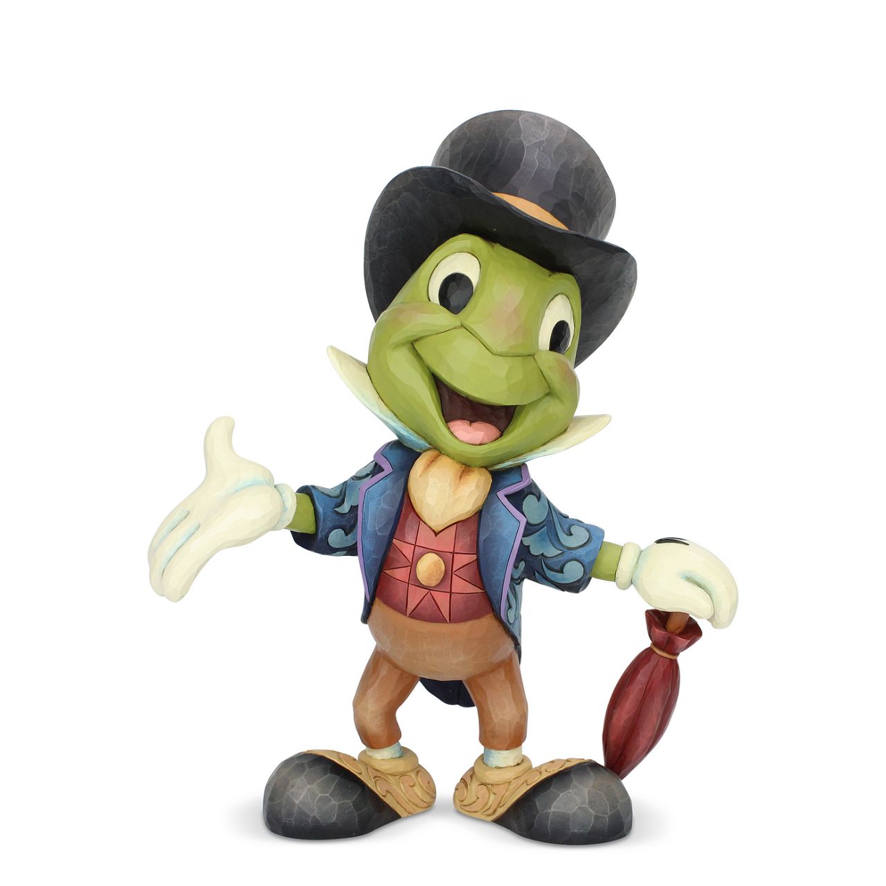 Jim Shore Cricket's the Name. Jiminy Cricket Statement Figurine Jiminy Cricket, Pinocchio's conscience, smiles brightly in this Jim Shore figurine. Dressed in his classic suit, ascot, and top hat, Disney's unofficial mascot holds his umbrella ready to issue advice to anyone in moral dilemma.
