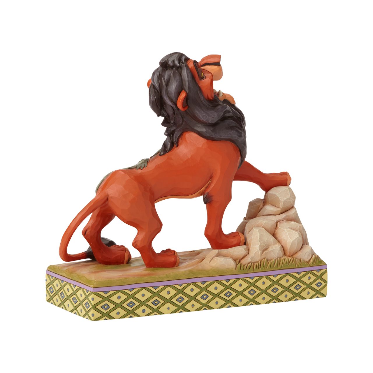 Jim Shore Preening Predator Scar Figurine It is best to be prepared when this darkly ambitious usurper from the Lion King has his eyes on the throne. Designed by Jim Shore, Scar sings proudly of his villainous plot to steal the crown with details of his laughing, hyena henchmen decorating his pelt.