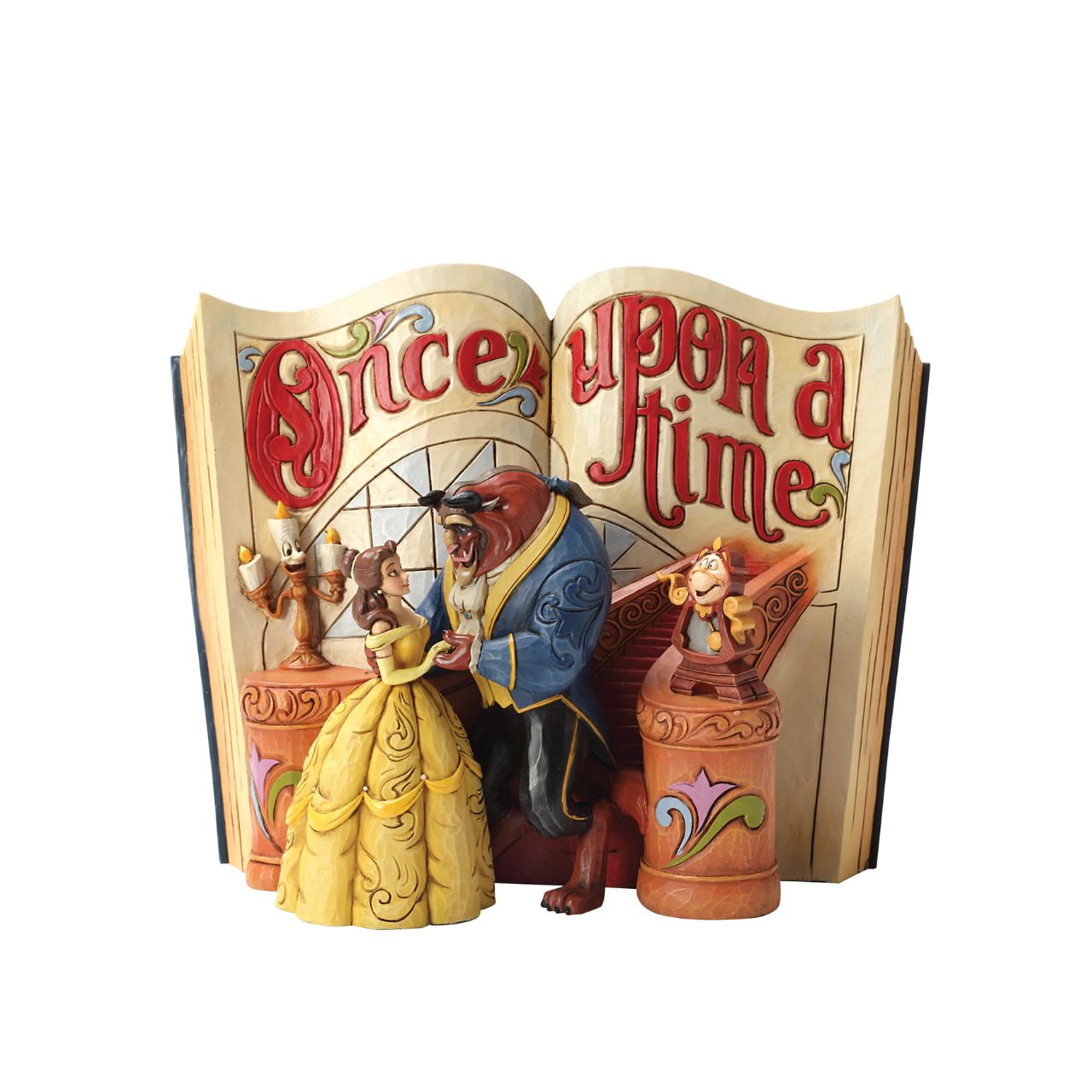A tale as old as time and a song as old as rhyme... this beauty and her beast takes storybooks into a whole new dimension. Designed by award winning artist and sculptor, Jim Shore for the Disney Traditions brand. Book title written in gold paint on the back of the book.