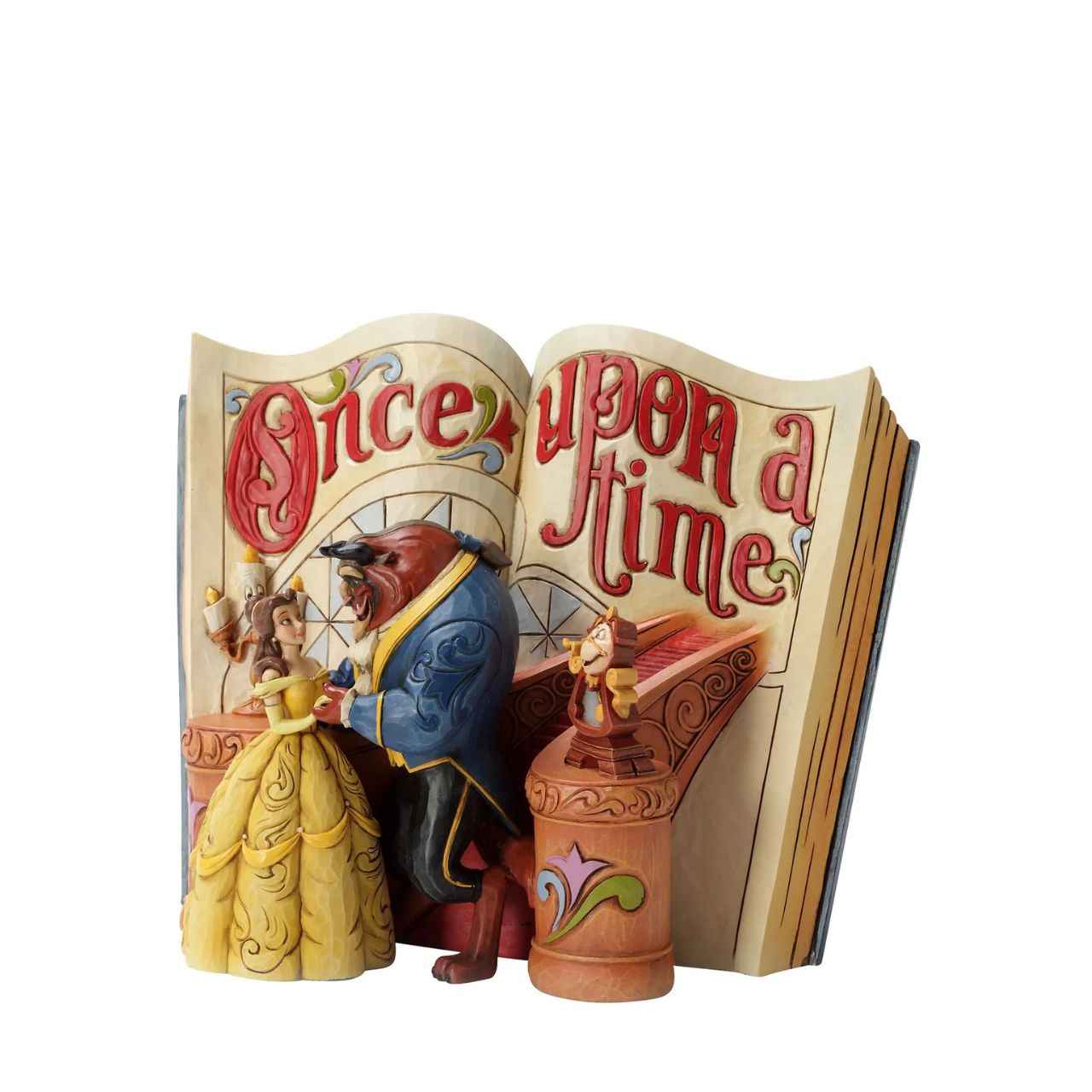A tale as old as time and a song as old as rhyme... this beauty and her beast takes storybooks into a whole new dimension. Designed by award winning artist and sculptor, Jim Shore for the Disney Traditions brand. Book title written in gold paint on the back of the book.