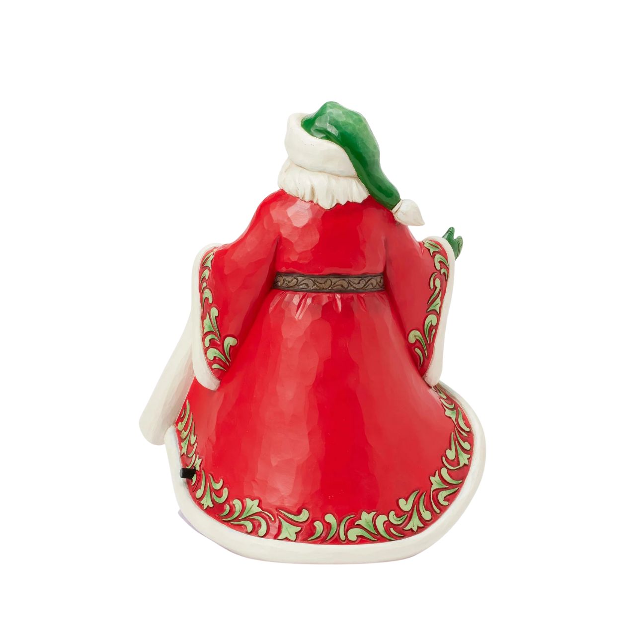This Jim Shore musical Santa showcases the artist's signature rosemaling on a beautifully detailed coat that opens to reveal a cosy winter scene of a horse-drawn sleigh gliding through the snow while playing Over the River.