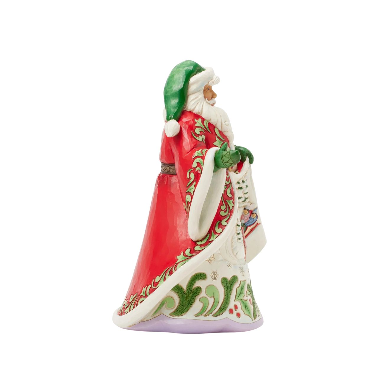 This Jim Shore musical Santa showcases the artist's signature rosemaling on a beautifully detailed coat that opens to reveal a cosy winter scene of a horse-drawn sleigh gliding through the snow while playing Over the River.