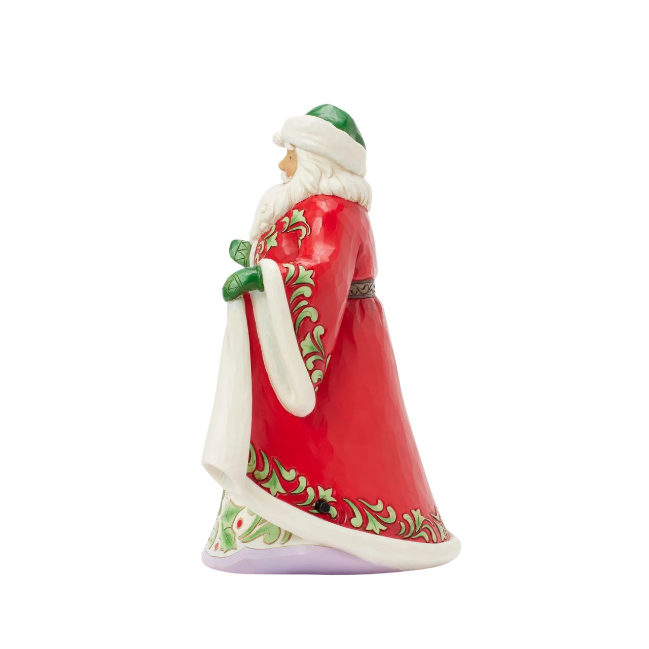 This Jim Shore musical Santa showcases the artist's signature rosemaling on a beautifully detailed coat that opens to reveal a cosy winter scene of a horse-drawn sleigh gliding through the snow while playing Over the River.