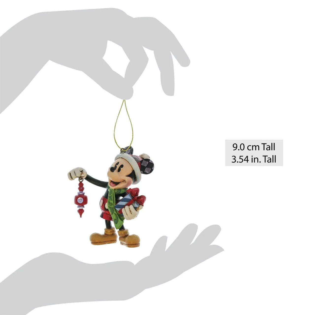 Mickey Mouse hanging ornament with a Christmas gift as part of the Disney Traditions by Jim Shore collection. Perfect for any Christmas Tree.