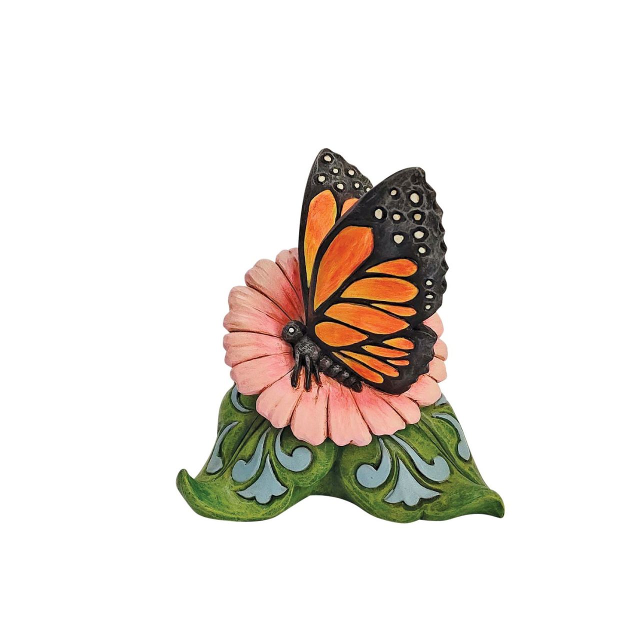 Mini Monarch Butterfly Figurine by Jim Shore The monarch butterfly considered to be the king of butterflies and the most beautiful in all the world. Bring some of that beauty into your home with this astonishing bust by Jim Shore. Resting on a rosemale flower, it shows off its enchanting wings.