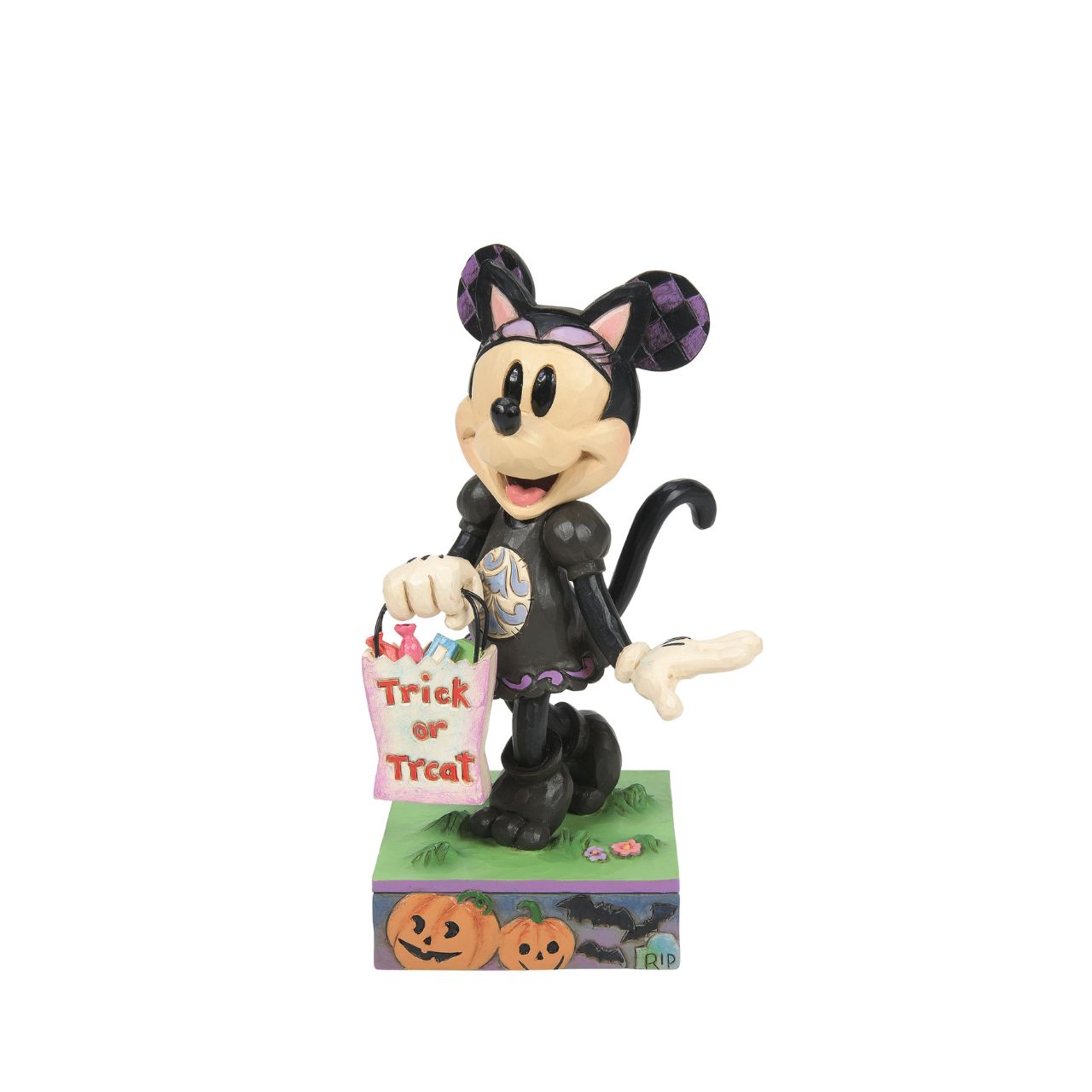 Celebrate Halloween with the Disney Traditions collection by Jim Shore. This iconic bust of Minnie Mouse is detailed with a spooky stage of jack-o-lanterns and bats. This mouse masquerades as a black cat to collect candy this holiday season.