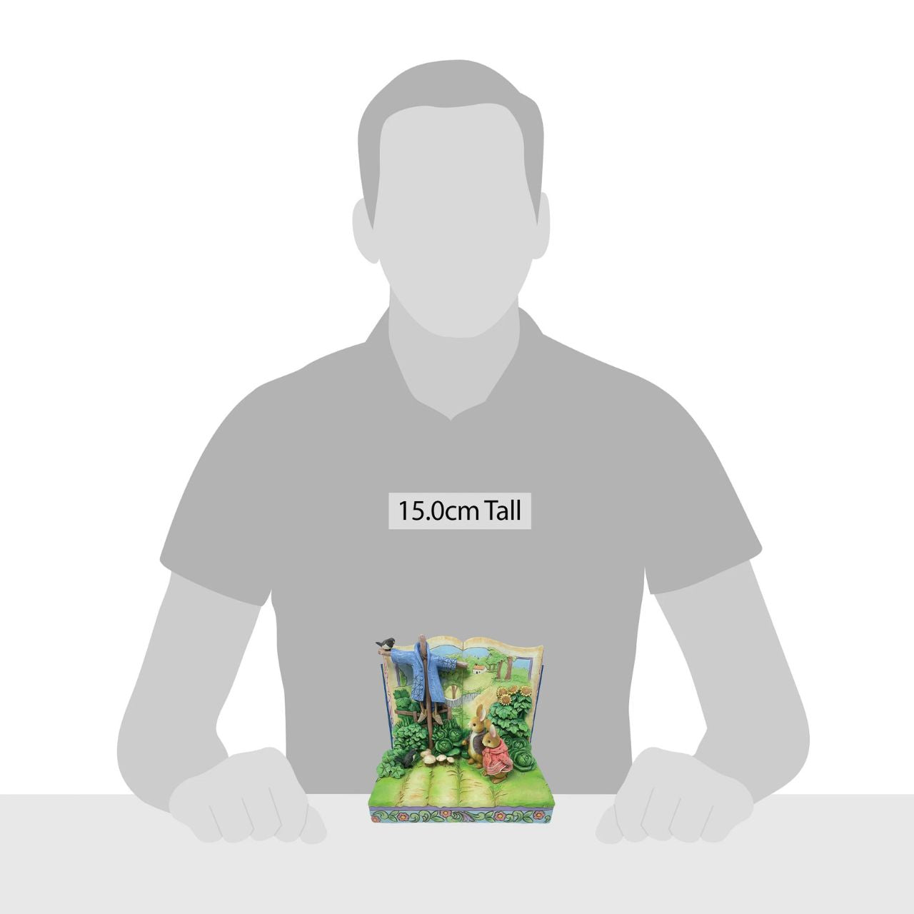 Beatrix Potter Peter, Benjamin, Scarecrow Storybook Figurine Peter, Benjamin, Scarecrow Storybook Made from cast stone. Packed in a branded gift box. Unique variations should be expected as this product is hand painted. Not a toy or children's product.