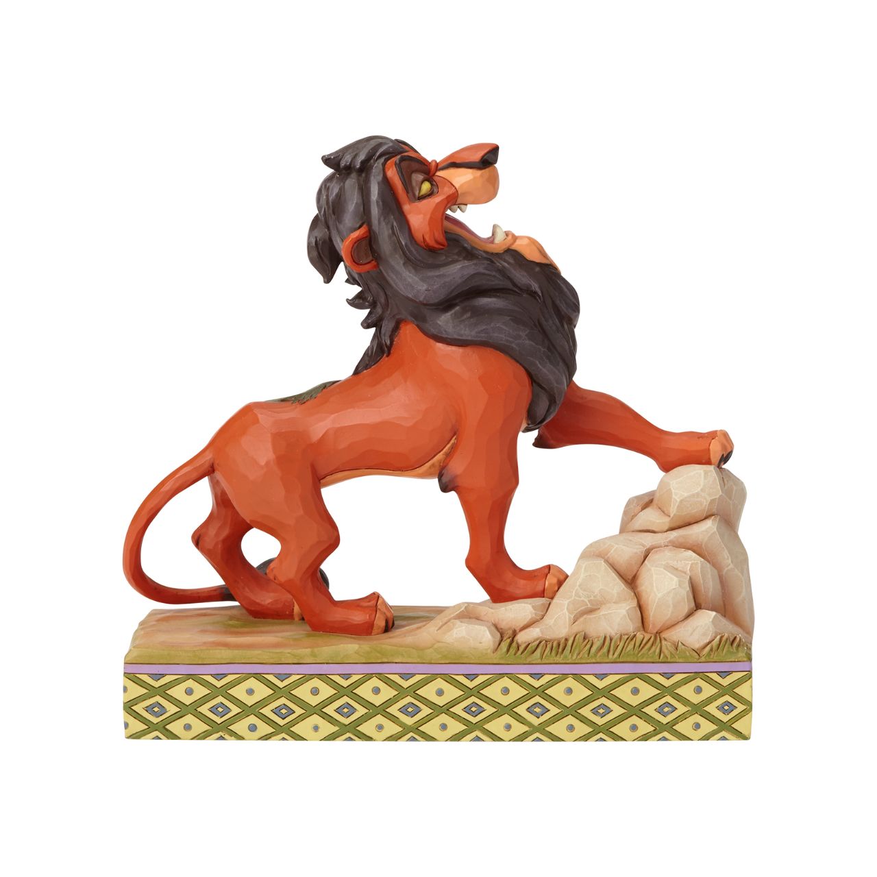 Jim Shore Preening Predator Scar Figurine It is best to be prepared when this darkly ambitious usurper from the Lion King has his eyes on the throne. Designed by Jim Shore, Scar sings proudly of his villainous plot to steal the crown with details of his laughing, hyena henchmen decorating his pelt.