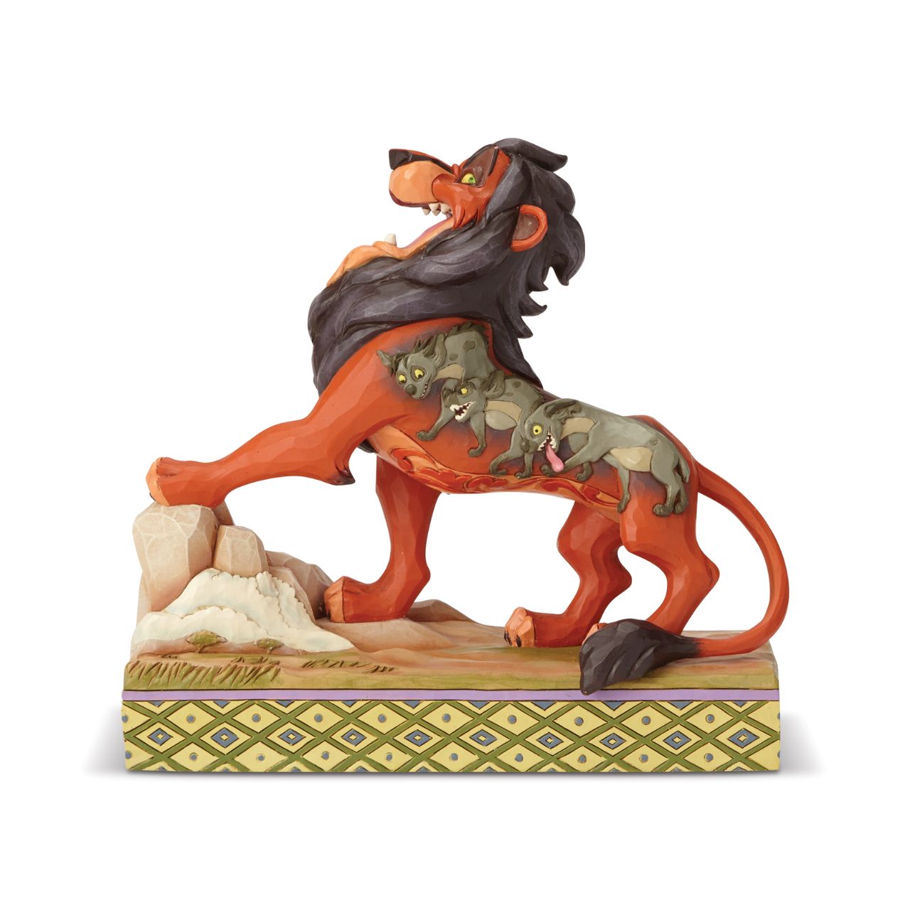 Jim Shore Preening Predator Scar Figurine It is best to be prepared when this darkly ambitious usurper from the Lion King has his eyes on the throne. Designed by Jim Shore, Scar sings proudly of his villainous plot to steal the crown with details of his laughing, hyena henchmen decorating his pelt.