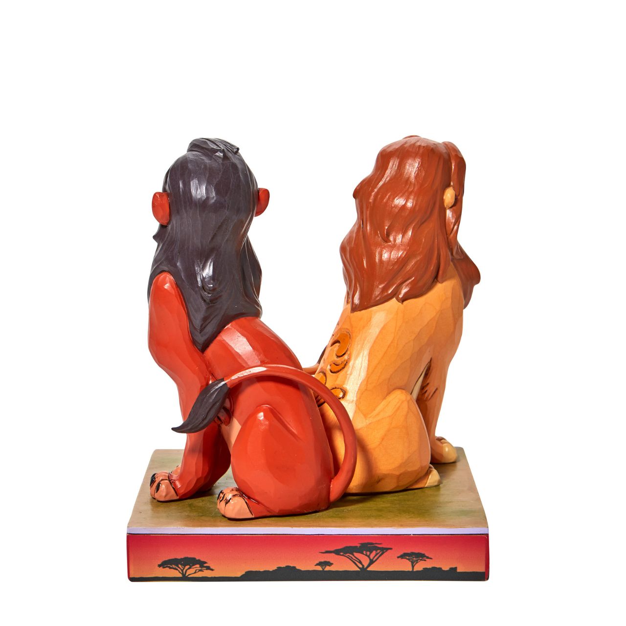 "Proud and Petulant" This Jim Shore piece ventures into the African savanna to share a scene of good and evil. Striking a winning pose, Simba, the rightful king, smiles next to his murderous uncle, Scar. The pair of lions make a daring duo of strength and pride.