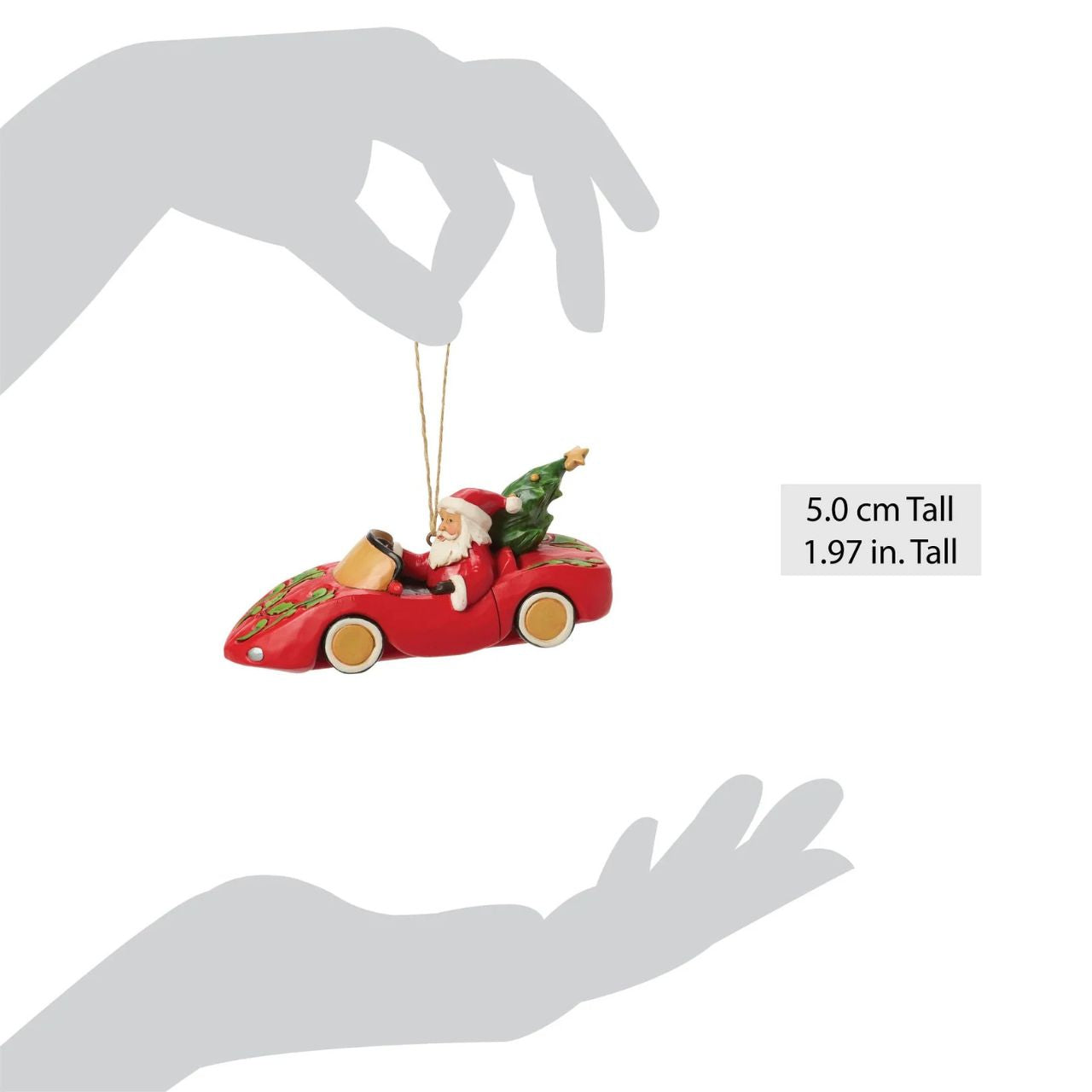This playful Jim Shore Christmas ornament features Santa cruising in a red sports car adorned with holly, his face beaming with holiday joy. With a Christmas tree and presents packed in the back seat, Santa is ready to spread cheer in sporty style.