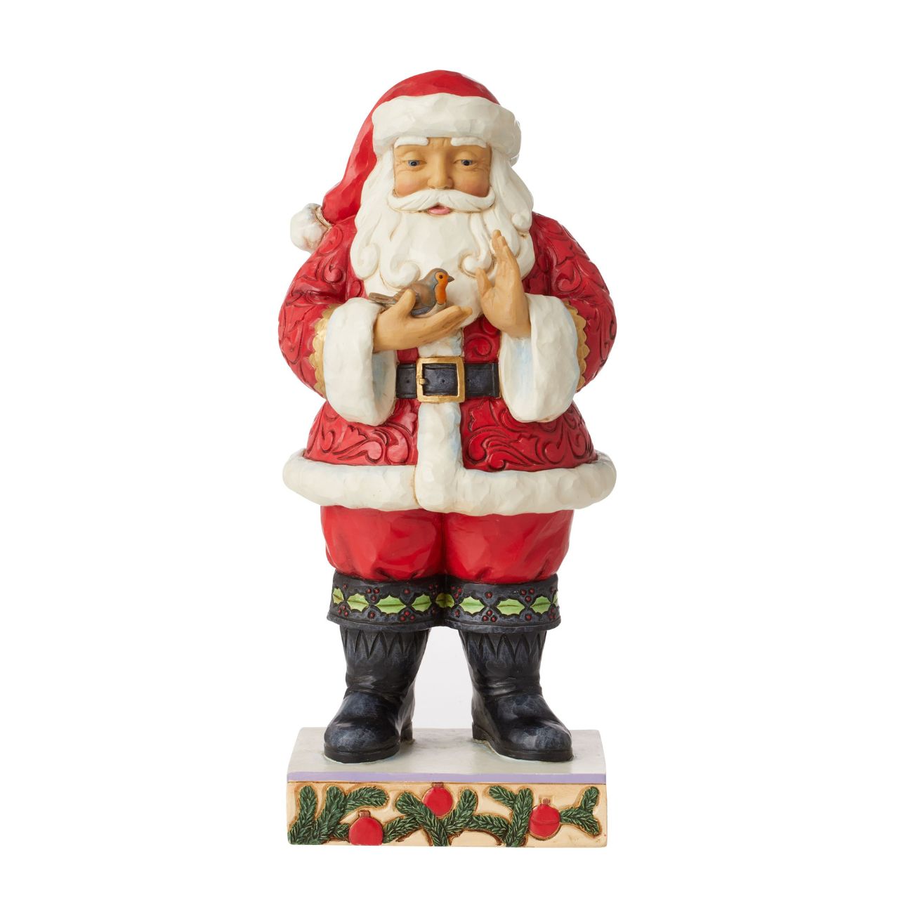 Santa with Robin in Hands Figurine by Jim Shore Wearing holly brimmed boots and rosemaled suit, this Santa statuette delicately holds a Robin in his hands. Widely revered, Robins are thought to represent loved ones lost. Celebrate the Christmas in remembrance and love with Jim Shore. Exclusively available in UK and Europe.