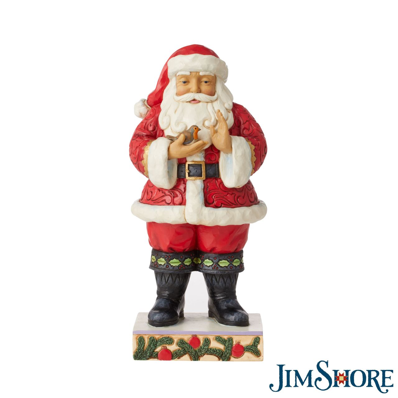Santa with Robin in Hands Figurine by Jim Shore Wearing holly brimmed boots and rosemaled suit, this Santa statuette delicately holds a Robin in his hands. Widely revered, Robins are thought to represent loved ones lost. Celebrate the Christmas in remembrance and love with Jim Shore. Exclusively available in UK and Europe.