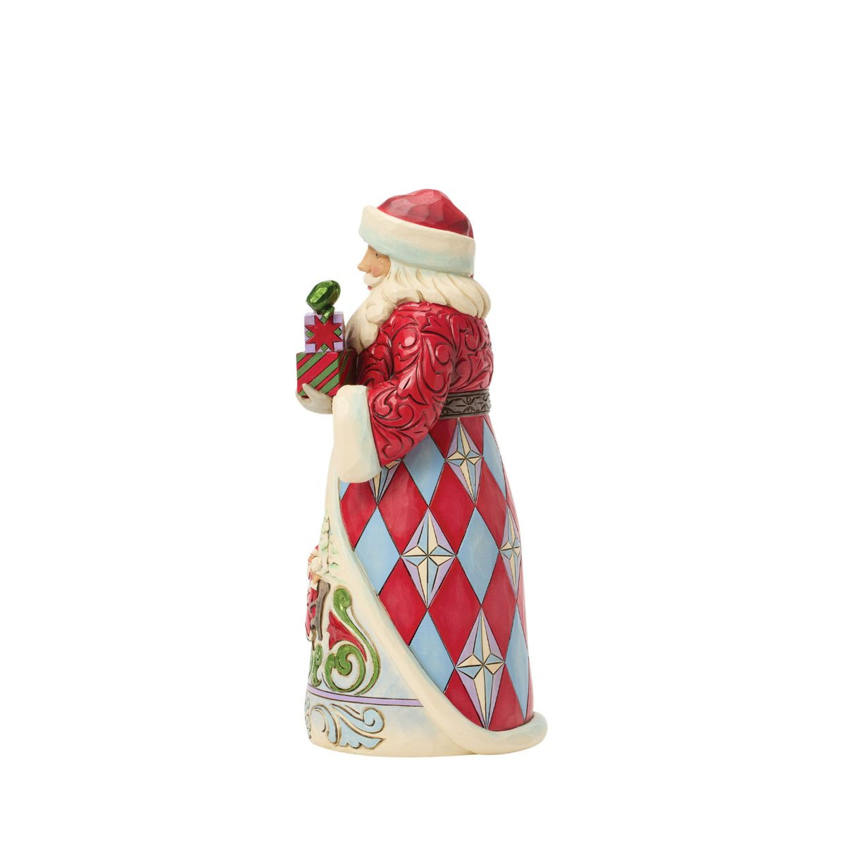 A charming winter scene unfolds on Santa's cloak. Santa and Mrs. Claus share the joy of the season. Jim Shore's detailed folk art makes this Santa both a decoration and a narrative treasure. A must-have for collectors and North Pole lore lovers.