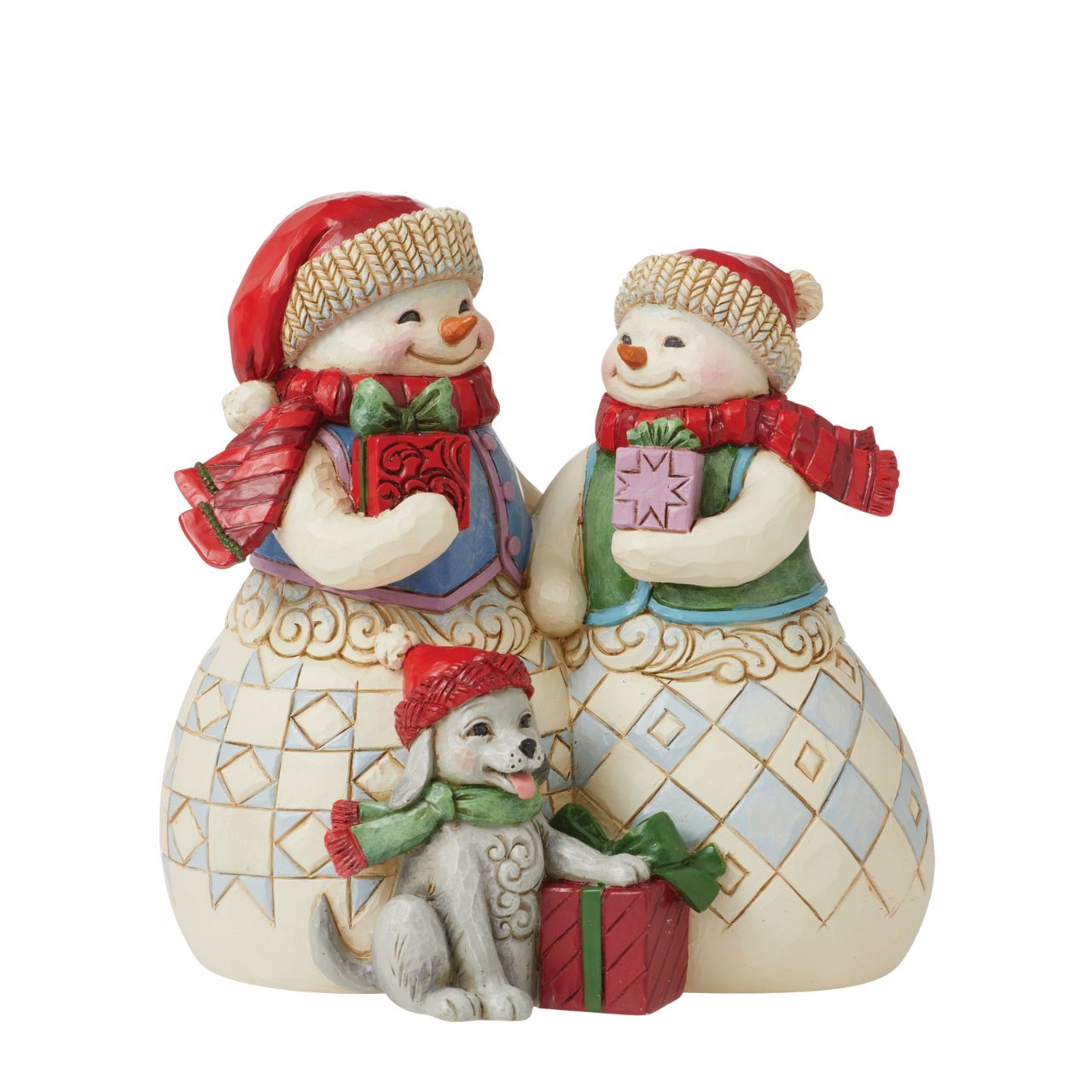 Heartwood Creek Christmas Collection Snowman Couple with Puppy Figurine Designed by award winning artist Jim Shore as part of the Heartwood Creek Christmas Collection, hand crafted using high quality cast stone and hand painted, this Snowman couple with their cute puppy is perfect for the Christmas season.