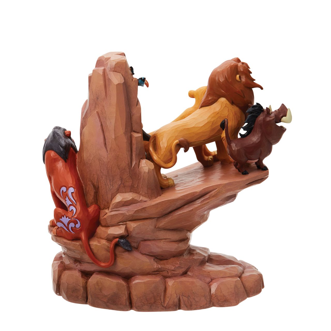 This incredible creation by Jim Shore celebrates the 30th anniversary of Disney's beloved 1994 film, The Lion King. With patchwork patterning and Rafiki's Simba drawing, Pride Rock looks stately as the main characters stand upon the stage.