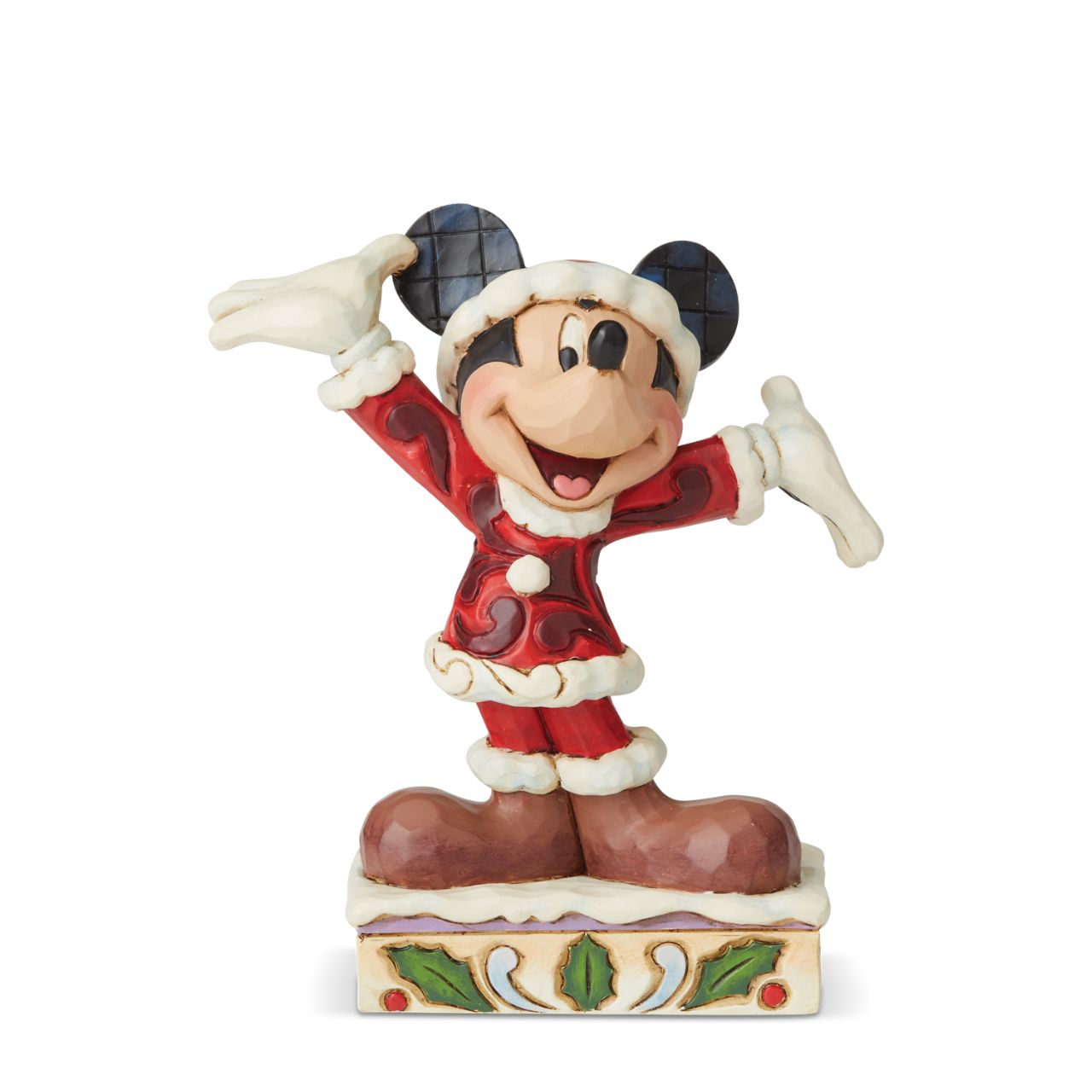Jim Shore Tis a Splendid Season - Mickey Mouse Figurine Dressed in his Santa suit, Mickey is excited for the arrival of the fun holiday season. This holiday Mickey is hand-crafted in cast stone and hand painted with Jim Shore's signature rosemaling design.