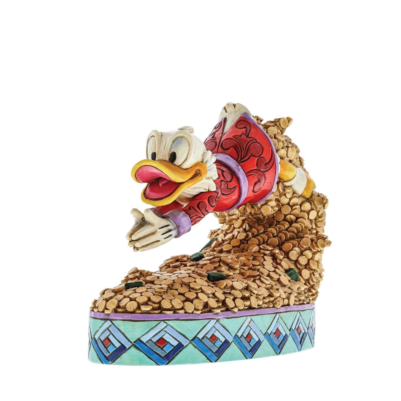 Uncle Scrooge is famous for diving into his into his vast wealth and this figurine captures the iconic scene beautifully with its unique colour palette. Designed by award winning artist and sculptor, Jim Shore for the Disney Traditions brand.