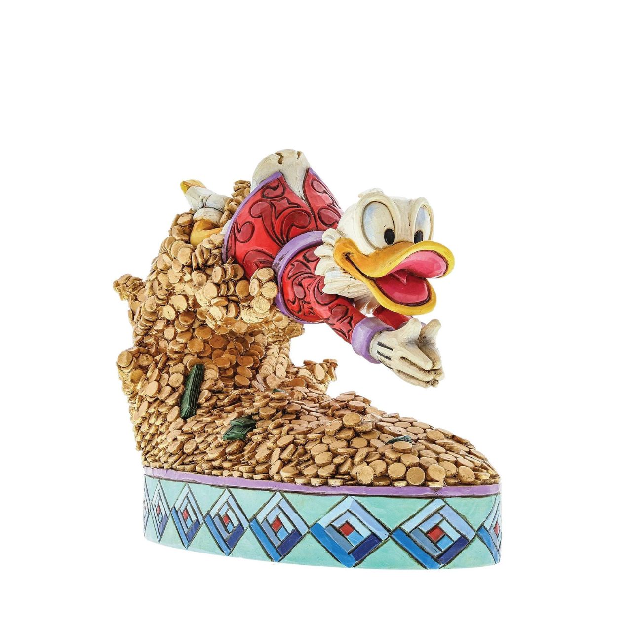 Uncle Scrooge is famous for diving into his into his vast wealth and this figurine captures the iconic scene beautifully with its unique colour palette. Designed by award winning artist and sculptor, Jim Shore for the Disney Traditions brand.