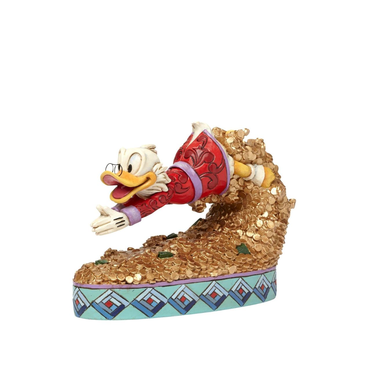 Uncle Scrooge is famous for diving into his into his vast wealth and this figurine captures the iconic scene beautifully with its unique colour palette. Designed by award winning artist and sculptor, Jim Shore for the Disney Traditions brand.