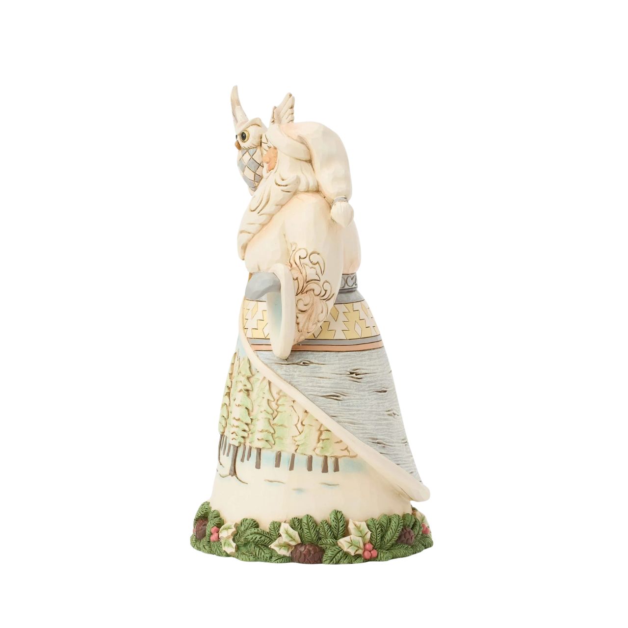 This stunning Jim Shore design features Santa adorned in a gorgeous white cloak trimmed with lush garland, reaching out to a majestic owl.